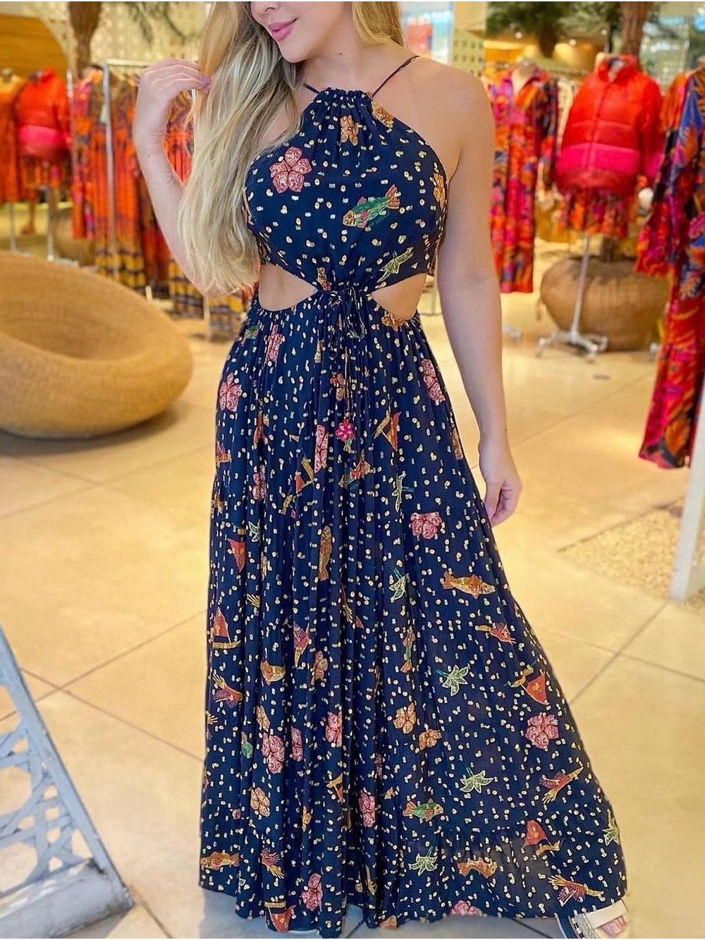 FARM Rio Floral Halter Cutout Maxi Dress with Multicolor Print Size L